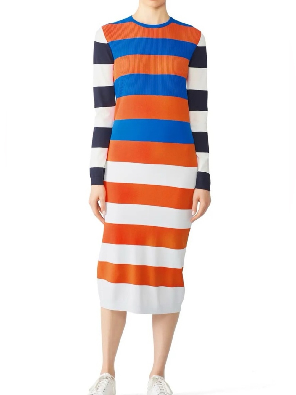 Tory Sport Striped Ribbed Knit Midi Dress Orange Blue White Medium